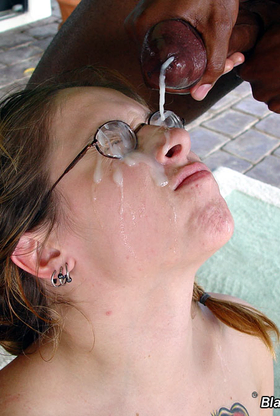 Nerdy blonde in pigtails takes it rock hard from dark-hued guys on lawn by pool