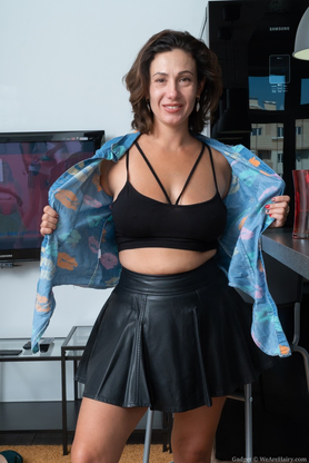 Immense-breasted first-timer Gadget takes off in the kitchen before frolicking with her gash