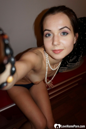 Lovely dark-skinned-haired nerdy teen unsheathes her smallish boobs and smoothly-shaven poon at home