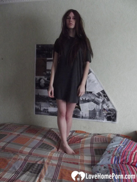 First-timer dark-haired girlfriend gets cuffed and nailed from behind