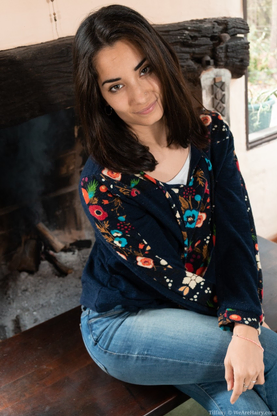 Stellar dark-hued-haired in denim Tiffany strips to display her irresistibly fur covered labia