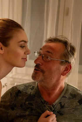 Scorching nubile with hard globes seduces an older fellow for sexual relations on a bed