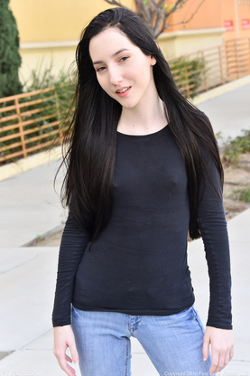 Glamour honey Maia showing her little tits & spreading her sleek-smooth-shaven coochie outdoors