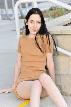 Glamour honey Maia showing her little tits & spreading her sleek-smooth-shaven coochie outdoors