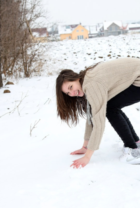 Naughty schoolgirl enjoys playing in the snow before getting pounded hard in the douche