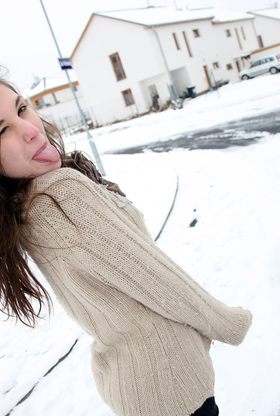 Naughty schoolgirl enjoys playing in the snow before getting pounded hard in the douche
