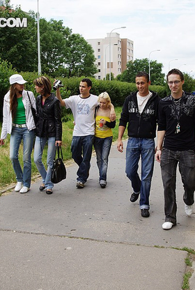 Two schoolgirls take on a group of college boys for a wild group-pummeling