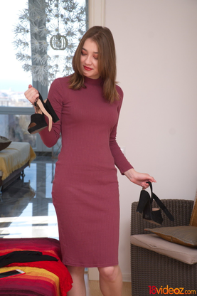 Eliza Thorne seduces her man in a crimson sundress while he watches her age up