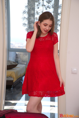 Eliza Thorne seduces her man in a crimson sundress while he watches her age up