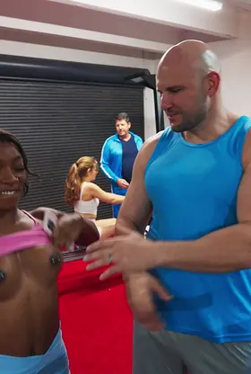 Gym slut Nivia Wolfe takes a hard pounding from behind & takes a cumshot on her tits