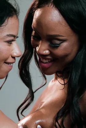 August Skye & Ameena Green get their big tits and scissoring skills on full display in steamy massage session