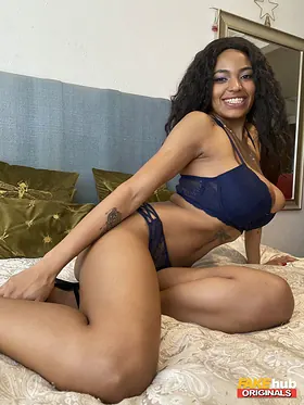 Watch Tina Fire's massive ebony jugs bounce as she spreads and plays with her trimmed labia