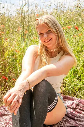 Katja E, the blonde with Platinum hair, wanks off after a wild ride on her mountain bike