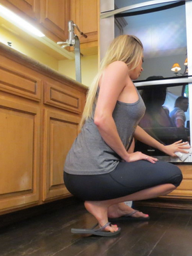 Watch this kinky chick get dominated & pounded hard in pantyhose while ball-gagged in the kitchen