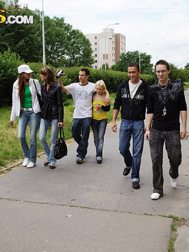 Two schoolgirls take on a group of college boys for a wild group-pummeling