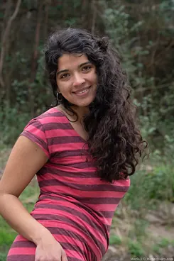 Maria F flaunts shaggy bush & all-natural tits outdoors