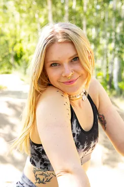 Katja E, the blonde with Platinum hair, wanks off after a wild ride on her mountain bike